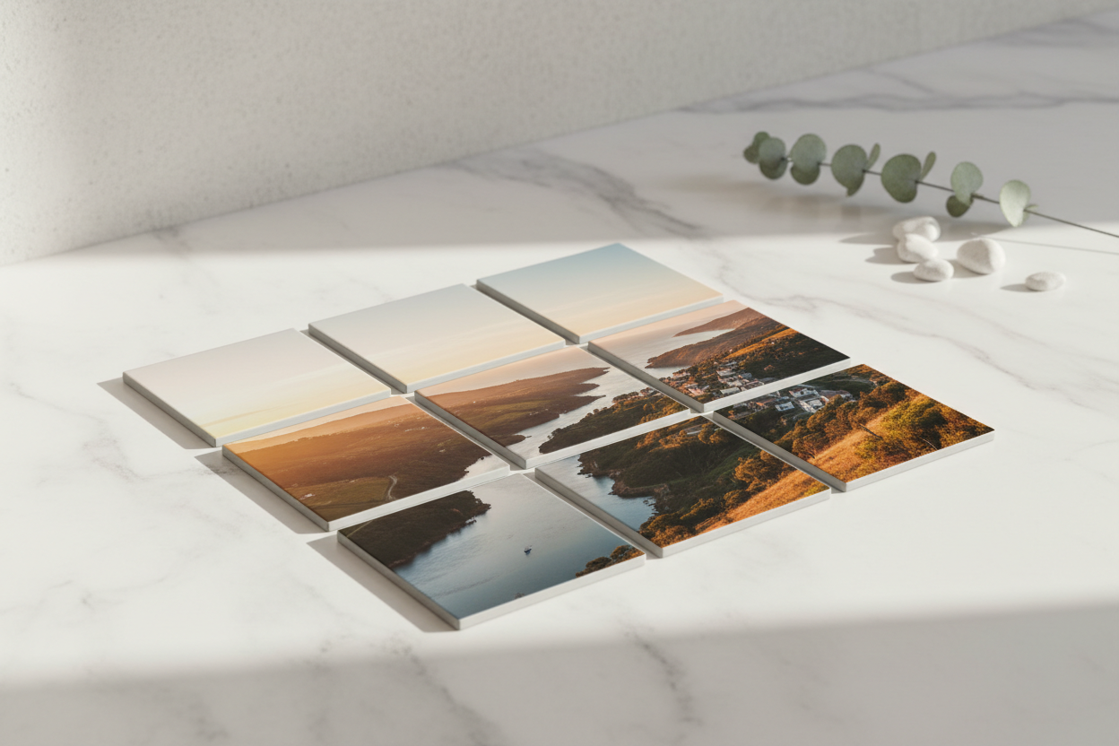 aesthetic product mockup of nine square-photo-magnets-forming-one-complete-photo