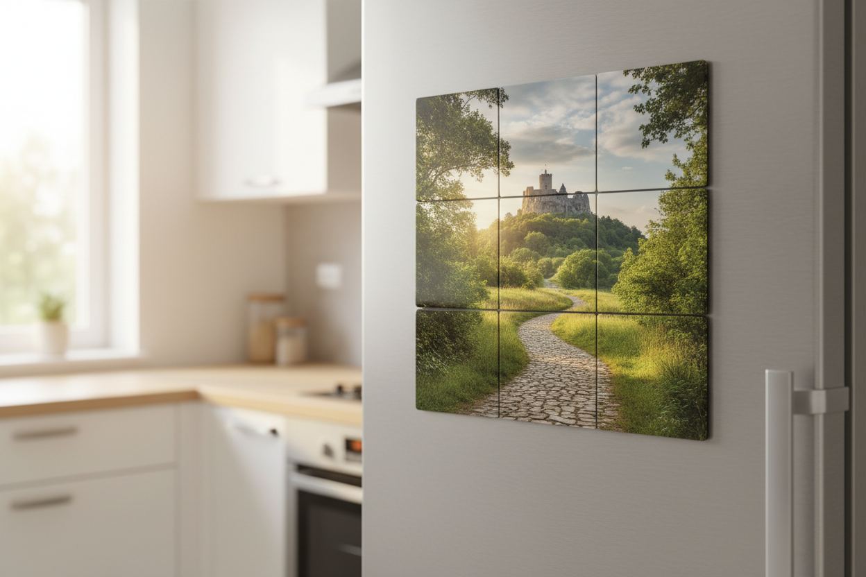realstic-shot-of-nine-square-photo-magnets-on-a-firdge-door-arrasnged-in-a-2x2-grid-forming-one-full-image-clean-modern-kitchen-background-subtle-reflections-warm-natural-lighting