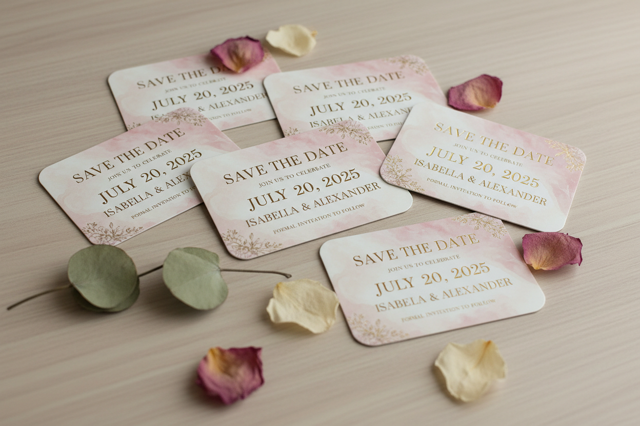 save the date vinyl magnets with beige cream dusty rose pink background wedding theme 